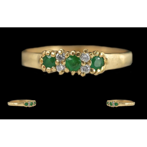 238 - Ladies Pleasing 9ct Gold Emerald and Diamond Set Five Stone Ring, full hallmark to interior of shank... 