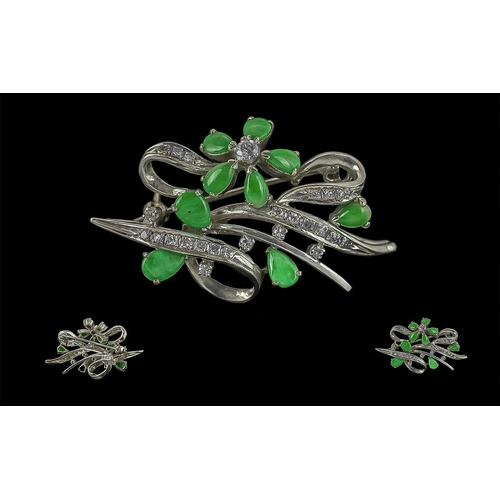 244 - Art Deco Period Ladies Pleasing Quality 18ct White Gold Brooch, Set with Diamonds and Emeralds, Plea... 