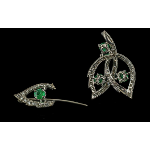 3A - Ladies 1930's Superb and Exquisite 18ct White Gold Diamond and Emerald Set Pendant with matching 18c... 