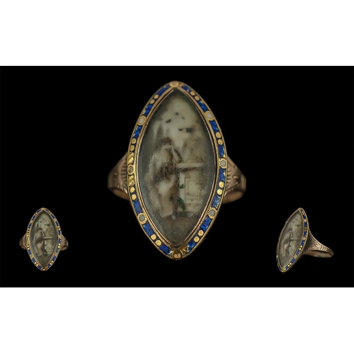 64 - George III  22ct Gold Two Colour Enamel Navette Shaped Mourning Ring, ''Aged 63, Deceased 26th March... 