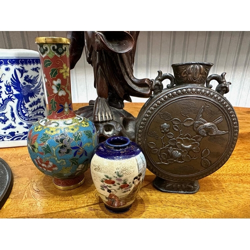 848 - Collection of Oriental Items, comprising carved wooden figure, vases, hand mirror, moon flask with c... 