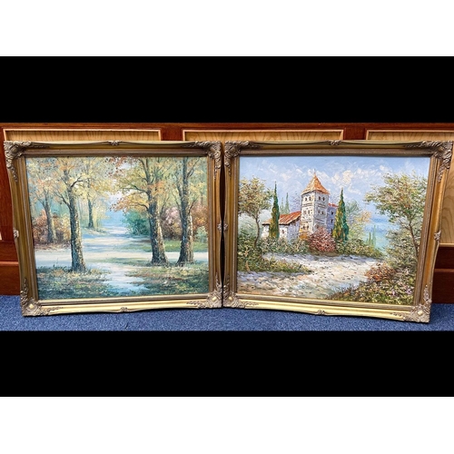 936 - Six Decorative Oil Paintings, comprising two large framed Oil Paintings, one depicting a church and ... 