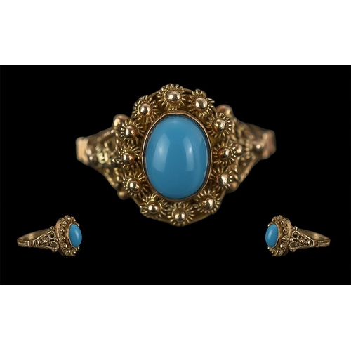 94A - Antique Period Pleasing 15ct Gold Single Stone Turquoise Set Ring, Ornate Shank / Setting. Turquoise... 