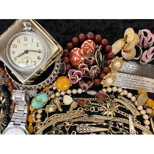 339 - Bag of Miscellaneous Jewellery, odd silver, amber beads, pearls, chains, wristwatch, stop watch, etc... 