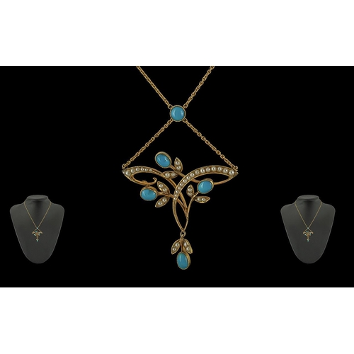 10 - Art Nouveau Ladies 15ct Gold Turquoise and Seed Pearl Set Pendant / Necklace. Marked 15ct Gold. Exce... 