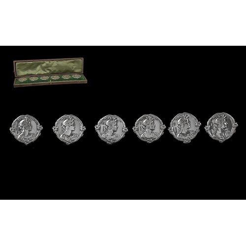 100 - Art Nouveau Boxed Set of Six Sterling Silver Buttons, Each Button Depicting the bust of a Young Fema... 