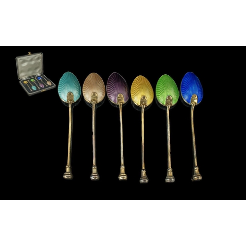 101 - Elizabeth II - Fine Boxed Harlequin Set of Silver Gilt and Guilloche Enamel Teaspoons of Excellent C... 