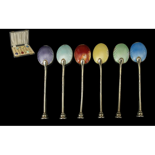 102 - Elizabeth II Boxed Set of Six Harlequin Sterling Silver and Guilloche Enamel Teaspoons. Hallmarks fo... 