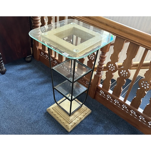 1047 - Glass Topped Conservatory Pedestal Table, with black frame, moulded fibre glass base.  Height 36'', ... 