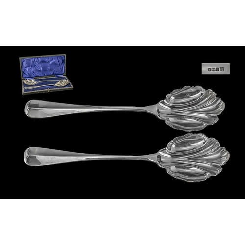 107 - A Fine Boxed Pair of Sterling Silver Serving Fruit Spoons with Fluted Bowls, Hallmark Sheffield 1915... 