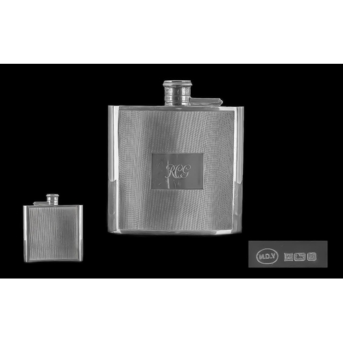 109 - Elizabeth II Excellent Quality - Engine Turned Bow Front Sterling Silver Hip Flask, Screw on Top. Ha... 