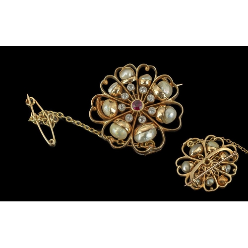 13 - Victorian Period 1837 - 1901 Ladies Superb Quality 15ct Gold Cultured Pearl and Diamond Set Brooch w... 