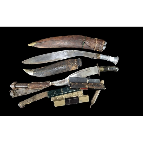 1374 - Collection of Vintage Knives and Cut Throat Razors, to include two Surati knives, two native knives,... 