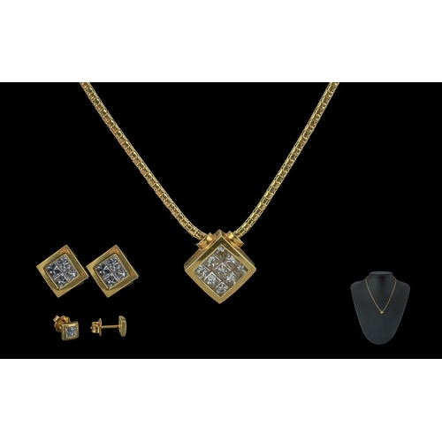 142 - 18ct Gold Diamond Pendant With Matching Earrings, All Set With Princess Cut Diamonds, Gross Weight 7... 