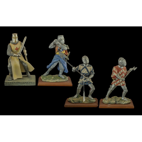 1421 - Four Shudehill Figures of Knights in fighting poses, approx. height 9'', on wooden bases.  Comprises... 