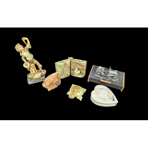 1441 - Box of Collectibles, comprising an Onyx mantle clock, a mother of pearl decorated trinket box, a cig... 