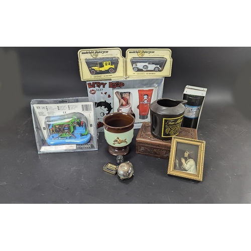 1503 - Box of Miscellaneous Items, including a carved wooden box, Denby tankard, Tia Maria jug, Models of Y... 