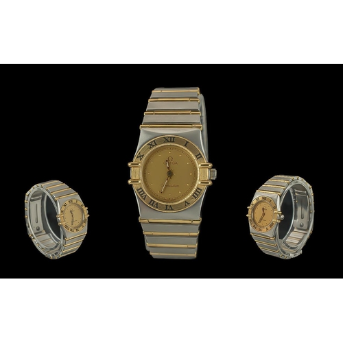 155 - Omega Constellation Ladies 18ct Gold and Steel Quartz Wrist Watch, features 18ct gold bezel and link... 