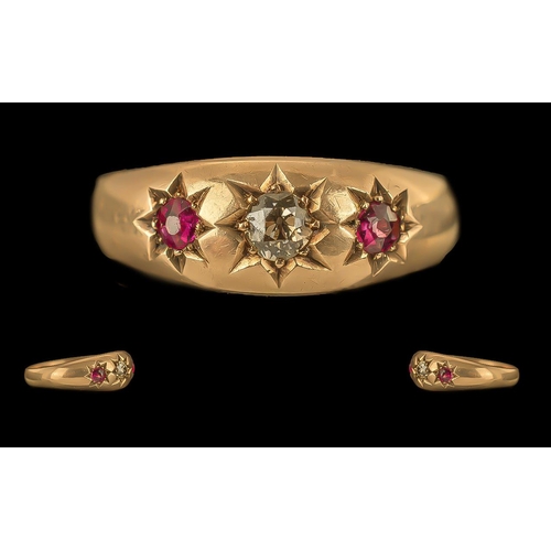 195 - 9ct Rose Gold Gypsy Ring set with and old-cut fancy yellow diamond flanked by R/C rubies with stylis... 