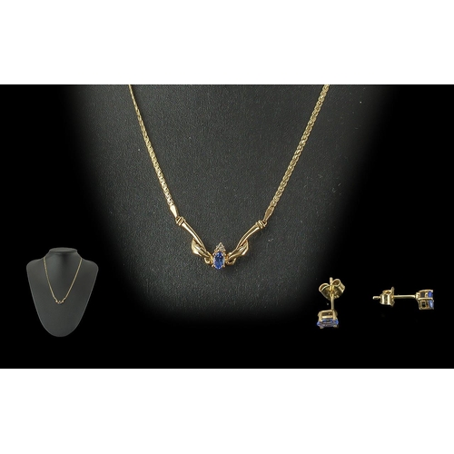 197 - 14ct Gold Necklace Set With An Oval Tanzanite And Small 3  Round Cut Diamonds, Together With A Pair ... 