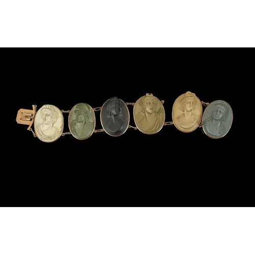 199 - Antique Carved Lava Cameo Bracelet, Set With A Line Of Six Vari Coloured Cameos, Classical Busts, Un... 