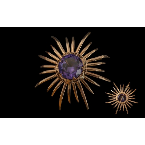 20 - Antique Period Ladies 14ct Gold Star burst ' Spider ' Amethyst Set Brooch, Marked 14ct. The Large Fa... 