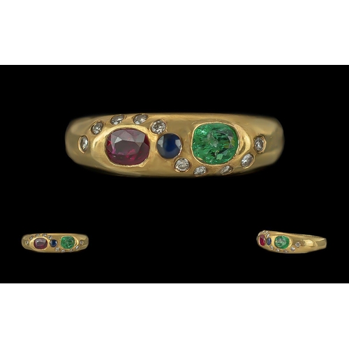 202 - Ladies Pleasing Quality 18ct Gold Ring Set With Emerald Ruby Sapphire and Diamonds. pave set, all ge... 