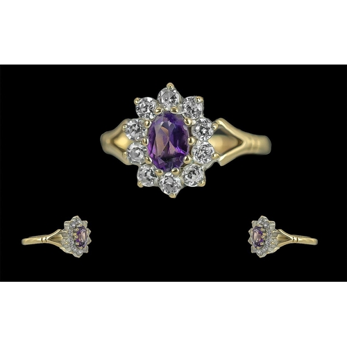 208 - Ladies 9ct Gold Amethyst & CZ Set Cluster Ring, of pleasing design.  Full hallmark to interior of sh... 