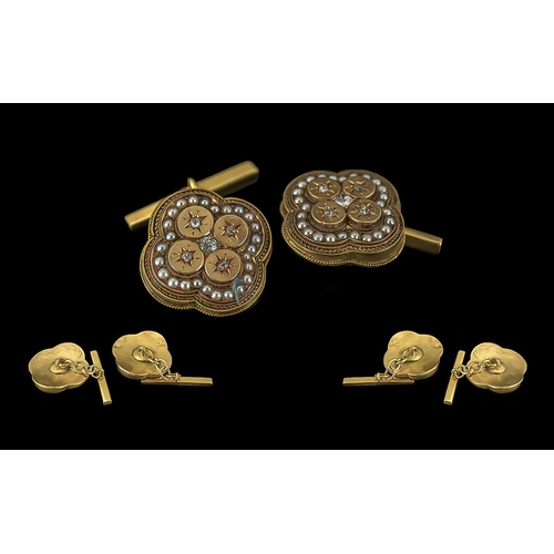 21 - Early Victorian Period - Fine Pair of 18ct Gold Diamond and Seed Pearls Gents Cufflinks. Tests 18ct ... 