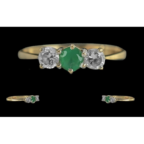 210 - Ladies 9ct Gold Pleasing 3 Stone Emerald and CZ Set Ring, Marked to Interior of Shank. The Emerald a... 