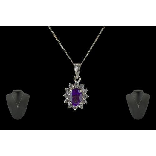 223 - Ladies 14ct White Gold Amethyst and Diamond Set Cluster Pendant, Attached to a 9ct White Gold Chain.... 