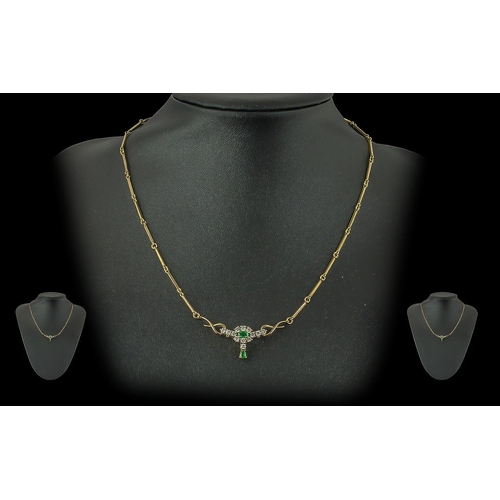 24 - Ladies - Excellent Quality 18ct Gold Necklace Set with a Diamond / Emerald Drop, Marked 750. The Cen... 