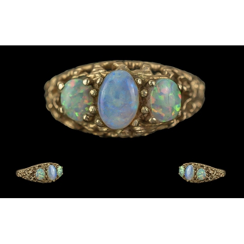 245 - Ladies Attractive Ornate 9ct Gold Three Stone Opal Set Ring, full hallmark to interior of shank, the... 