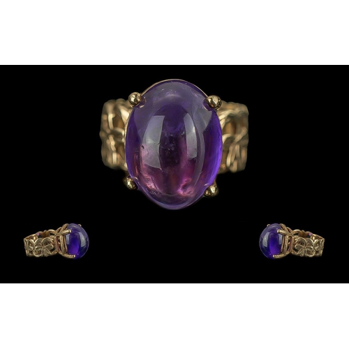 255 - Pleasing Ornate 9ct Gold Single Stone Cabochon Cut Amethyst Set Ring, full hallmark to interior of s... 