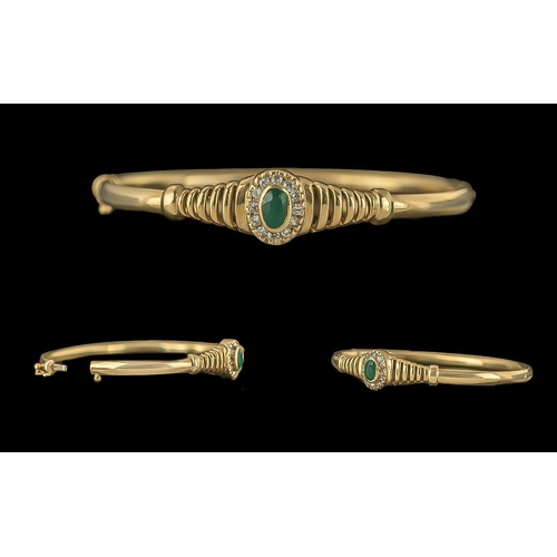 262 - Edwardian Period Ladies 9ct Gold Hinged Bangle Set with Central Emerald, Surrounded by Diamonds, Tes... 