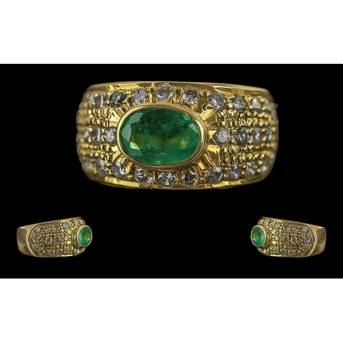 268 - Ladies Attractive 18ct Gold Emerald and Diamond Set Band Ring, Marked 18ct to Interior of Shank, The... 