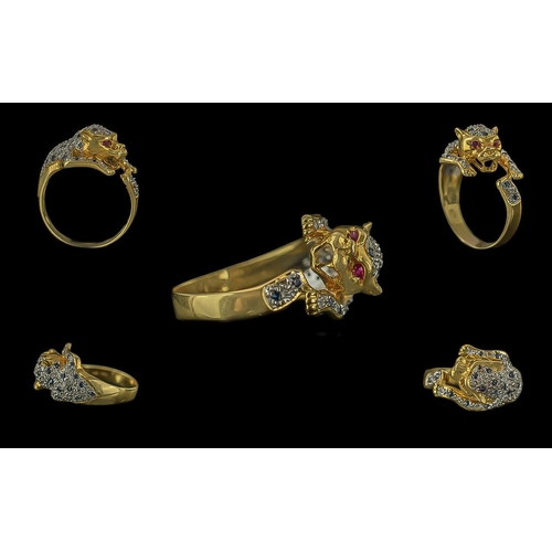 26A - Ladies 18ct Gold Diamond and Sapphire Set Leopard Ring, The Head, Back and Legs of Leopard Set with ... 