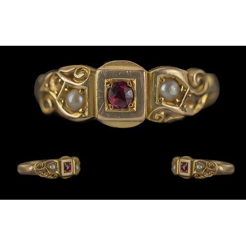 276 - Antique Period Ladies 15ct Gold Ruby and Pearl Set Ring, Marked 625 to Interior of Shank, With Full ... 