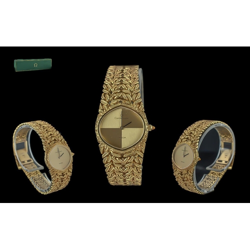 28 - Omega Constellation Ladies 18ct Gold Deluxe Version Manual Wind Integral Bracelet Watch, circa 1979,... 