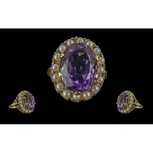 30 - Antique Period - Pleasing Quality 9ct Gold Amethyst and Seed Pearl Set Dress Ring. Full Hallmark to ... 