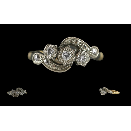 340 - Antique 18ct Gold & Platinum Three Stone Diamond Ring, twist design with diamond set shoulders.  Cir... 