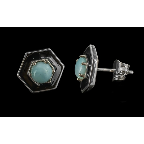 347 - Larimar and Black Enamel Art Deco Style Earrings, a pair of hexagonal plaques, set to the centre wit... 