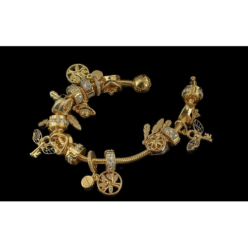 370 - Pandora Charm Bracelet, gold tone, fully loaded with charms including hearts, family tree, bee, feat... 