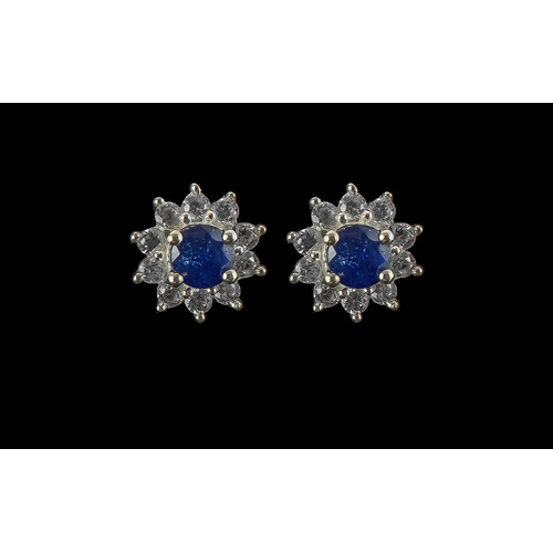 374 - Pair of Sapphire Stud Earrings, each having a round cut blue sapphire surrounded by a circlet of rou... 