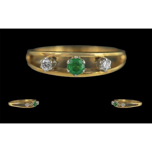 38 - Ladies Attractive 18ct Gold 3 Stone Diamond and Emerald Set Ring, Open worked Setting. Marked 18ct t... 