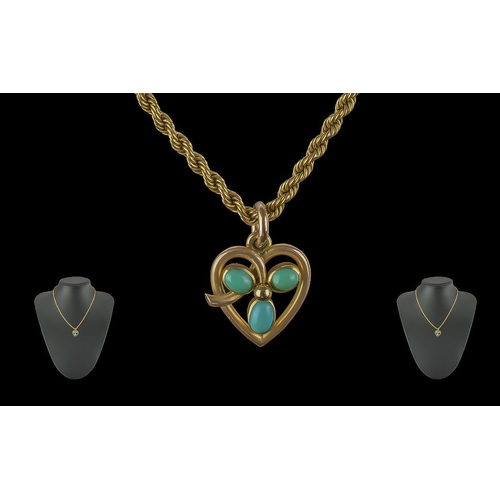 381 - Antique Period Pleasing Ladies 9ct Gold Heart Shaped Pendant Set with Trio of Turquoise Stones of Ex... 