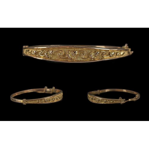 41 - Antique Period 9ct Gold Ladies Hinged Bangle, Warm Coloured Gold, Safety Chain, Embossed Design with... 