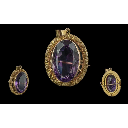 42 - Antique Period Ladies 9ct Amethyst Set Brooch / Pendant. The Large Faceted Amethyst of Good Colour /... 