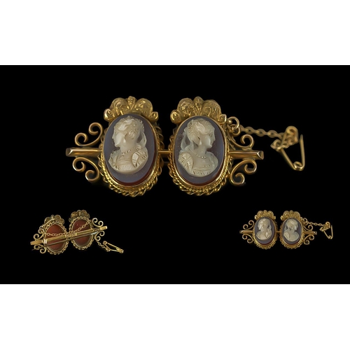 44 - Mid Victorian Period - Quality Ladies 9ct Gold Double Portrait Cameo Set Brooch, Excellent Detailed ... 