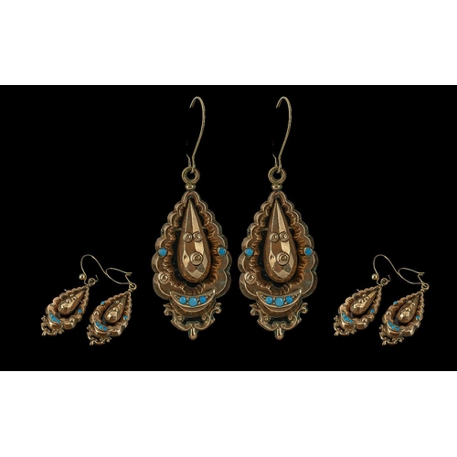 55 - Victorian Period 1837 - 1901 Ladies Pair of 9ct Gold Turquoise Set Drop Earrings, Not Marked but Tes... 